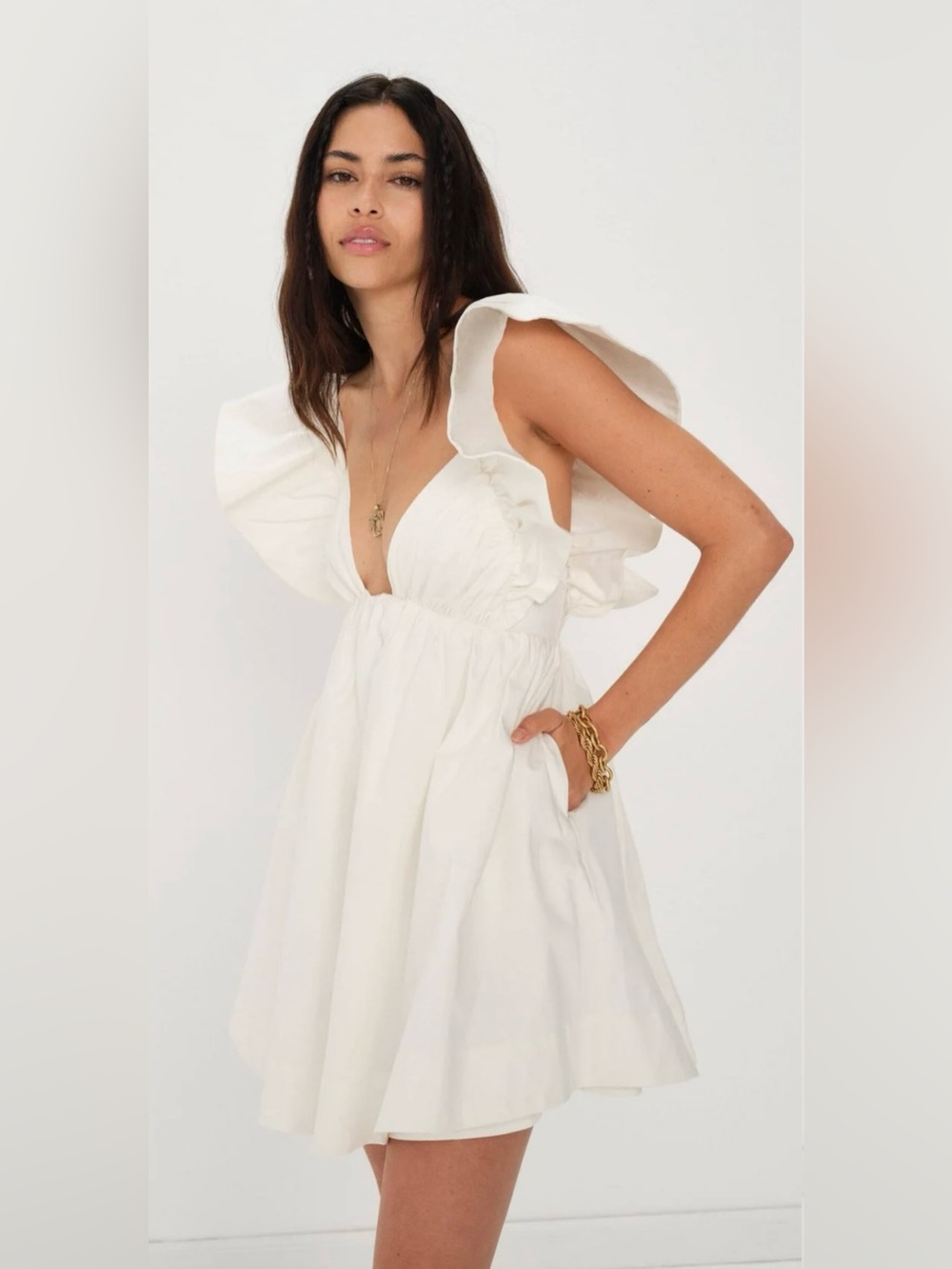 For Love & Lemons Clementine Mini Dress  Plunging Neckline In White Size M